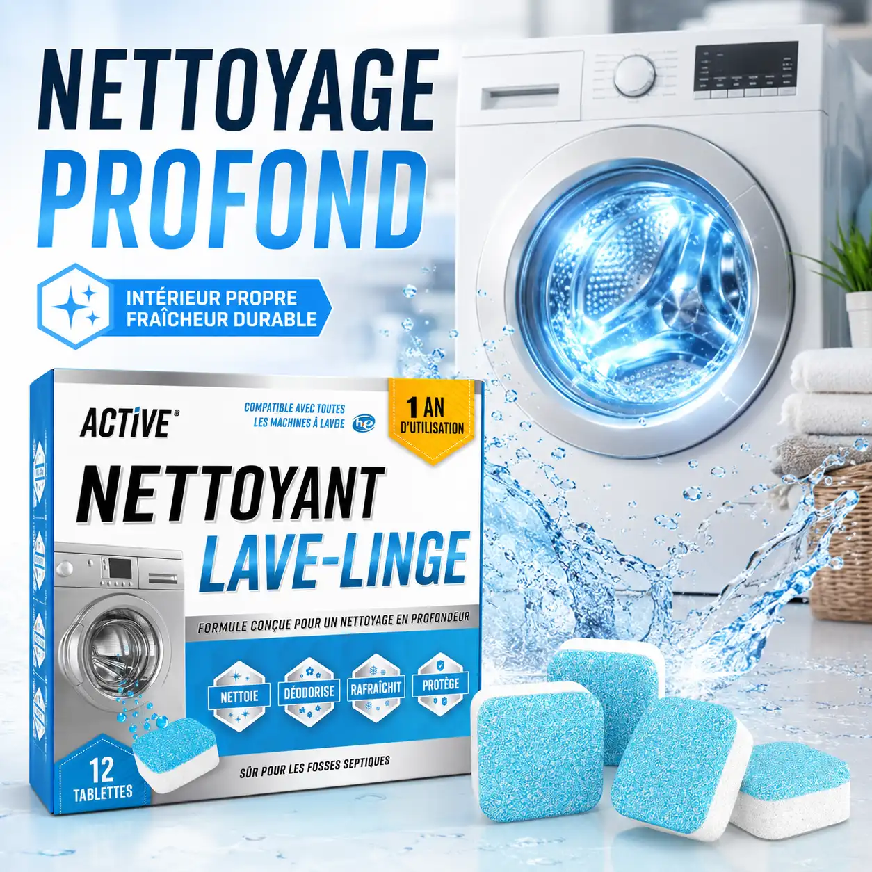 LavePure Pro™ – Tablettes Nettoyantes Lave-Linge 24 Pièces 🧼💧