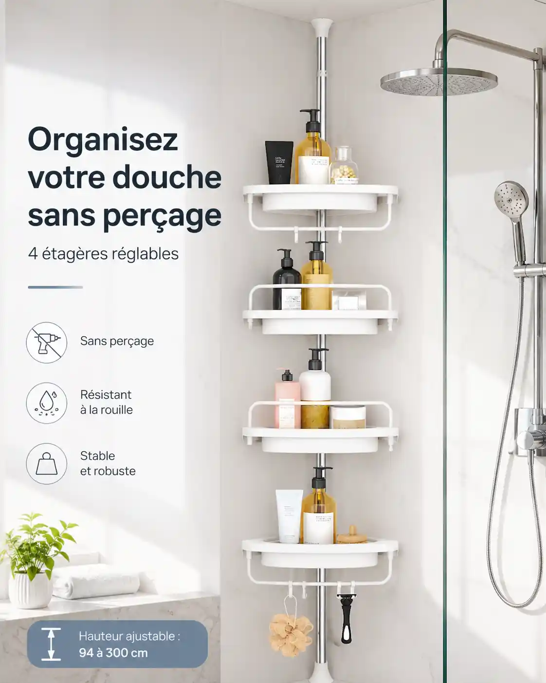 DoucheFlex Pro™ – Étagère d’Angle Réglable Sans Perçage 🚿🧴