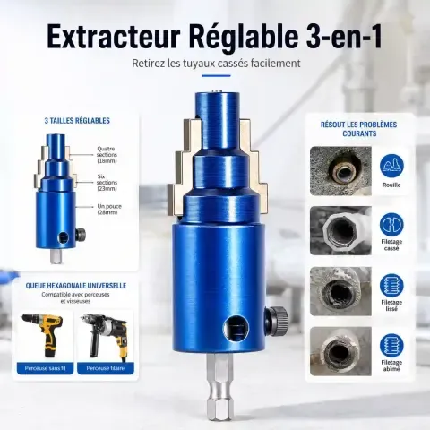 🔧 DévissePipe Pro™ - CI – Extracteur Réglable de Tuyaux Cassés 3-en-1