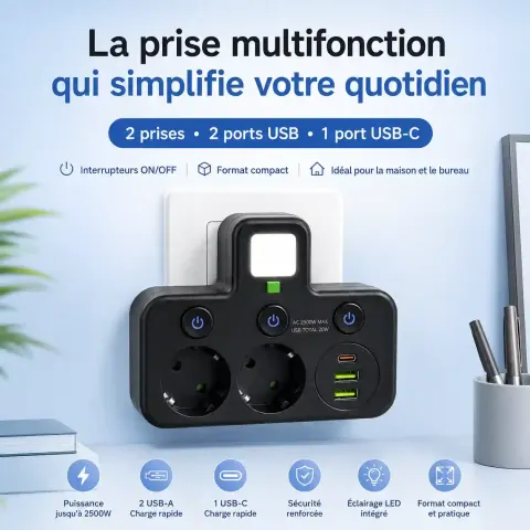 Voltixa™ – Prise Murale Multifonction 6-en-1 avec LED ⚡💡